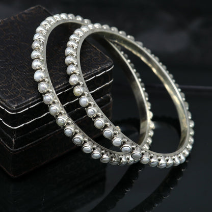 925 sterling silver gorgeous pearl bangle bracelet, fabulous oxidized customized bridal gifting stunning bangle jewelry from India ba105 - TRIBAL ORNAMENTS