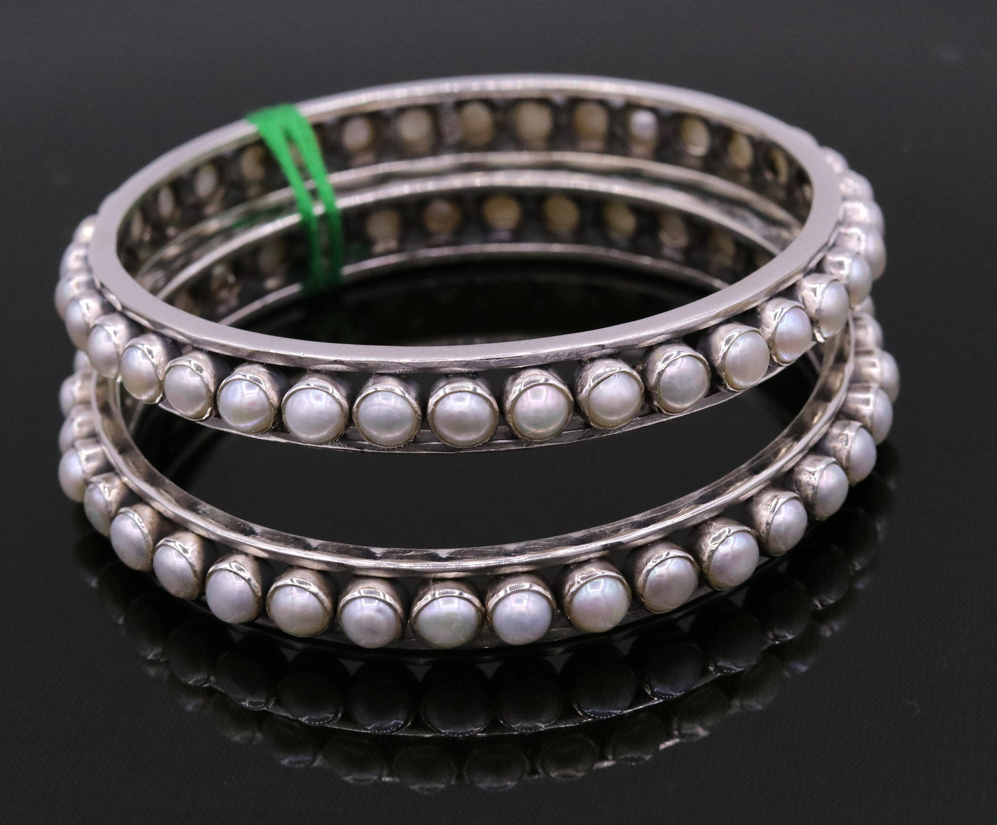 925 sterling silver pearl bangle bracelet with oxidized finish, handcrafted bridal jewelry from TRIBAL ORNAMENTS, made in India