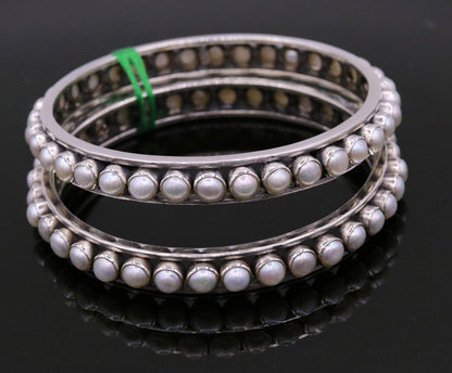 925 sterling silver pearl bangle bracelet with oxidized finish, handcrafted bridal jewelry from TRIBAL ORNAMENTS, made in India