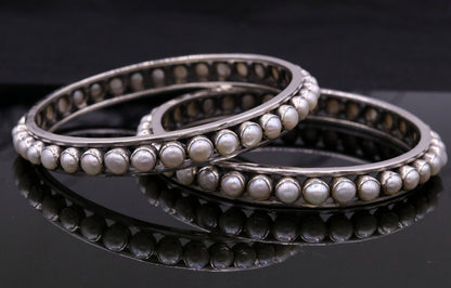925 sterling silver pearl bangle bracelet with oxidized finish, traditional Indian bridal jewelry by TRIBAL ORNAMENTS.