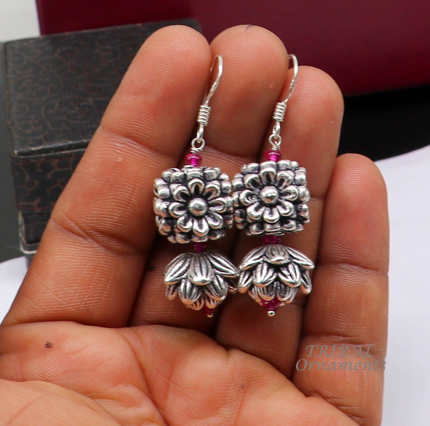 925 sterling silver hamdmade hook earrings, fabulous hanging pretty bells drop dangle earrings tribal ethnic jewelry from India s1085 - TRIBAL ORNAMENTS