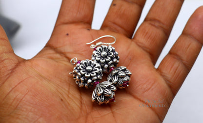 925 sterling silver hamdmade hook earrings, fabulous hanging pretty bells drop dangle earrings tribal ethnic jewelry from India s1085 - TRIBAL ORNAMENTS
