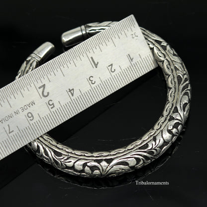 Sterling silver handcrafted chitai work bangle cuff with oxidized tribal design, stylish vintage jewelry by TRIBAL ORNAMENTS.