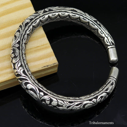 Sterling silver tribal bangle bracelet with handcrafted oxidized chitai work, vintage design, customizable tribal jewelry by TRIBAL ORNAMENTS.