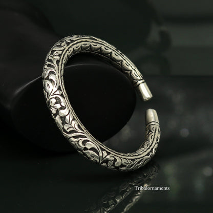 Handcrafted 925 sterling silver tribal bangle bracelet with oxidized vintage design and chitai work, stylish tribal jewelry.