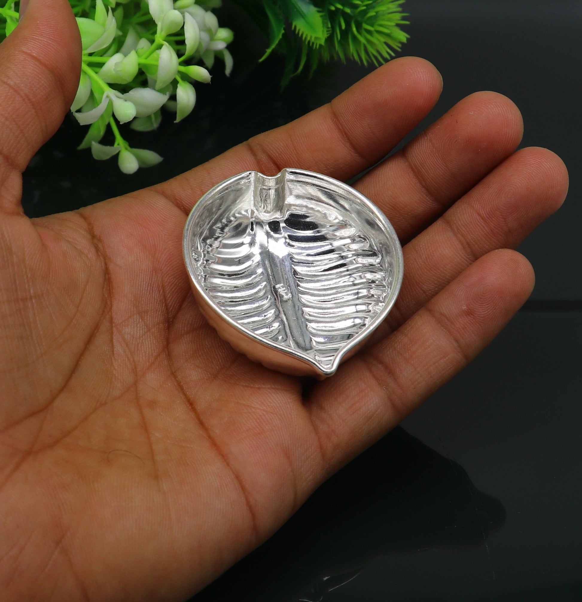Handcrafted 925 sterling silver tilak and sindur bowl with intricate tribal design, saffron sandal puja utensils for home temple.