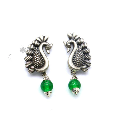 925 sterling silver handcrafted peacock design stud and drop dangle earring by TRIBAL ORNAMENTS, stylish party wear jewelry