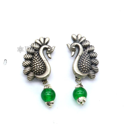 925 sterling silver handcrafted peacock design stud earring with dangle drop, stylish modern party wear jewelry by Tribal Ornaments