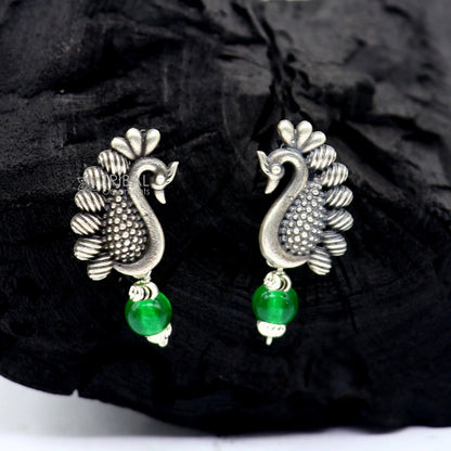 925 sterling silver handcrafted peacock design stud and drop dangle earring by TRIBAL ORNAMENTS, stylish party wear and gift accessory