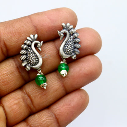 925 sterling silver handcrafted peacock design stud and drop dangle earring, modern stylish party wear jewelry by TRIBAL ORNAMENTS