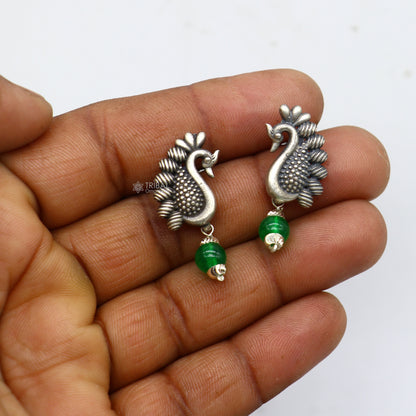 925 silver handcrafted peacock design stud and drop dangle earring by Tribal Ornaments, stylish party wear jewelry