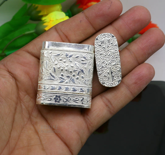 925 sterling silver handcrafted floral design 2 in1 trinket box, tobacco box, tobacco and chuna box, best gifting royal article stb360 - TRIBAL ORNAMENTS