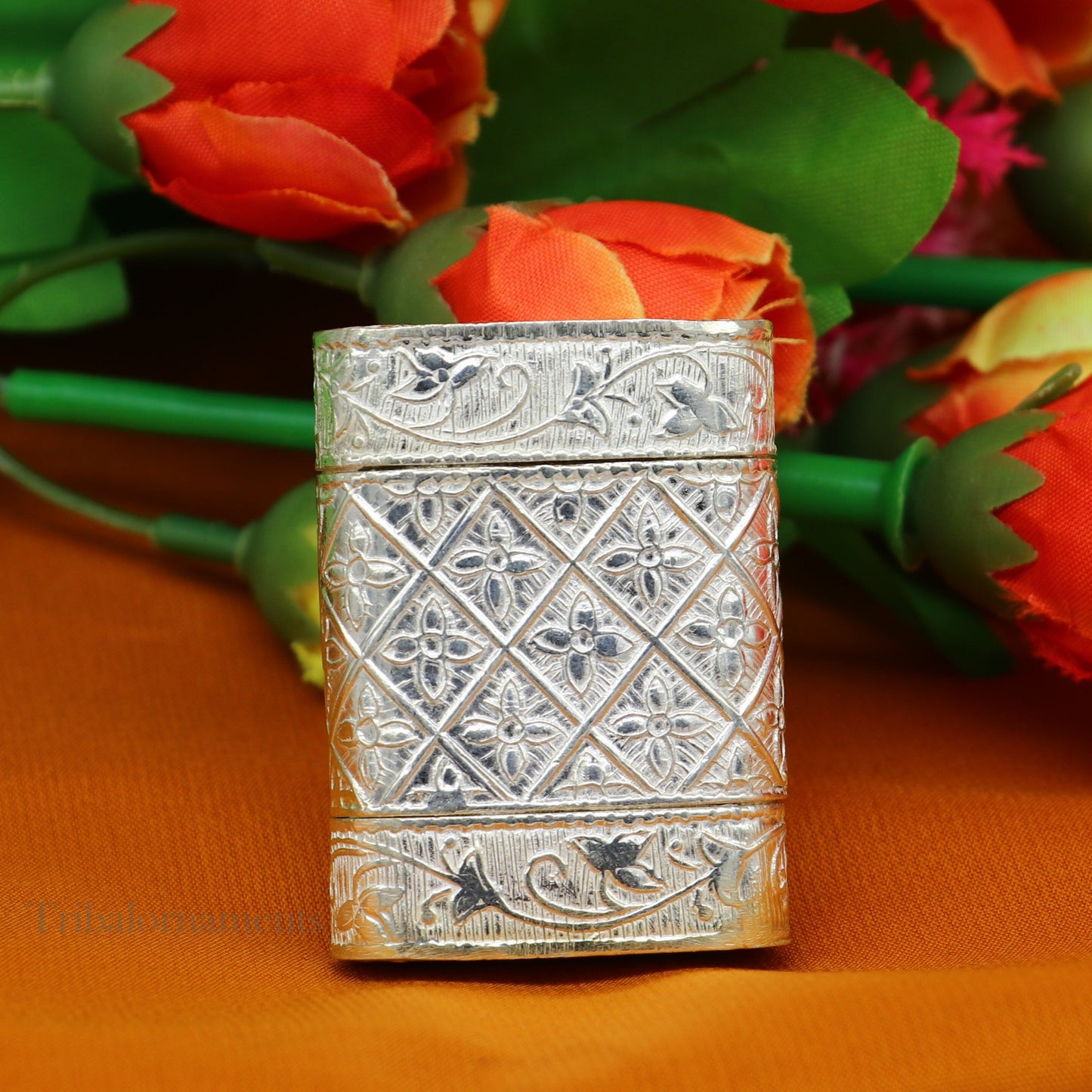 925 sterling silver handcrafted floral design 2 in1 trinket box, tobacco box, tobacco and chuna box, best gifting silver royal article stb97 - TRIBAL ORNAMENTS