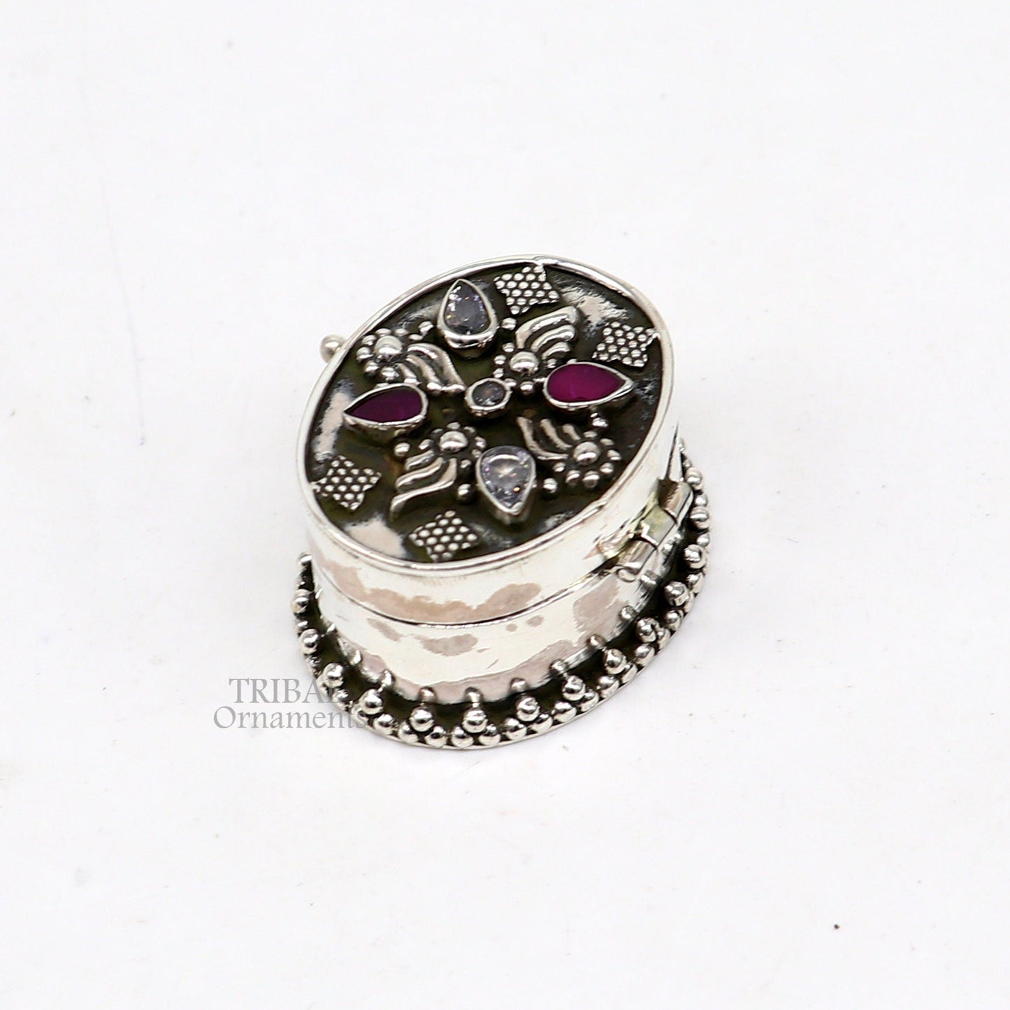 925 sterling silver handcrafted oval shape design red stone work trinket box, kajal eyeliner box, Sindur box brides gift silver box stb760 - TRIBAL ORNAMENTS