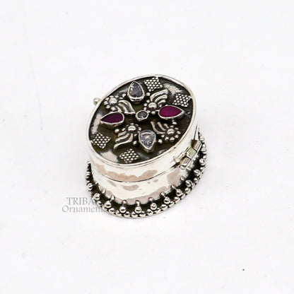 Handcrafted 925 sterling silver oval trinket box with red stone accents, ideal for jewelry, kajal, and sindur storage.
