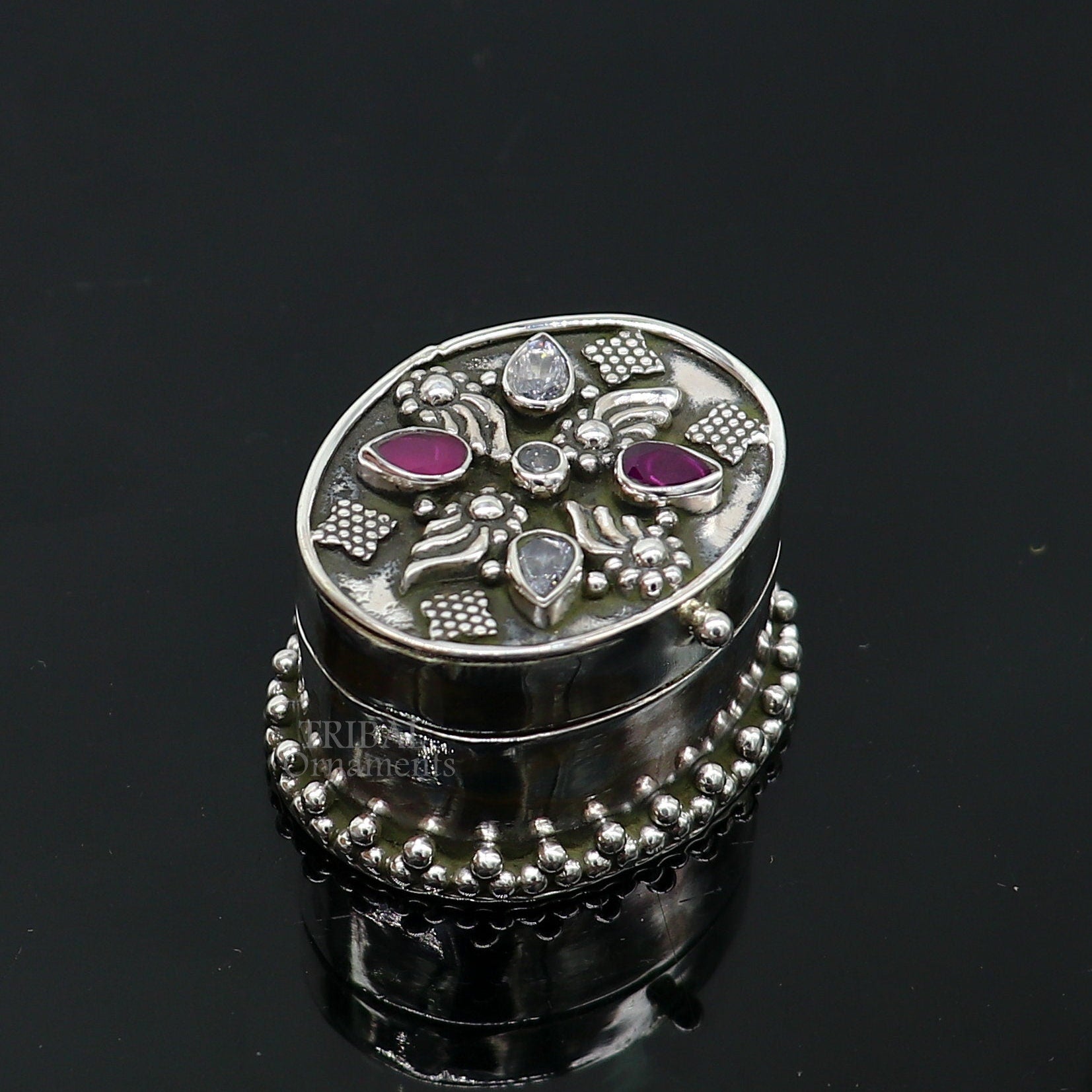 925 sterling silver handcrafted oval shape design red stone work trinket box, kajal eyeliner box, Sindur box brides gift silver box stb760 - TRIBAL ORNAMENTS