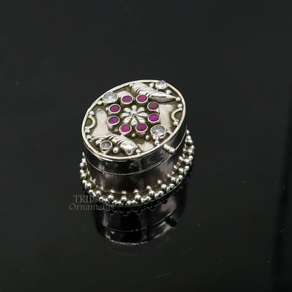 925 sterling silver handcrafted oval trinket box with stone work, designed for jewelry, kajal, and sindur, by TRIBAL ORNAMENTS.