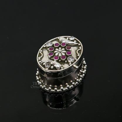 Handcrafted 925 sterling silver oval trinket box with stonework, ideal for jewelry, kajal, sindur, or brides gift by TRIBAL ORNAMENTS.