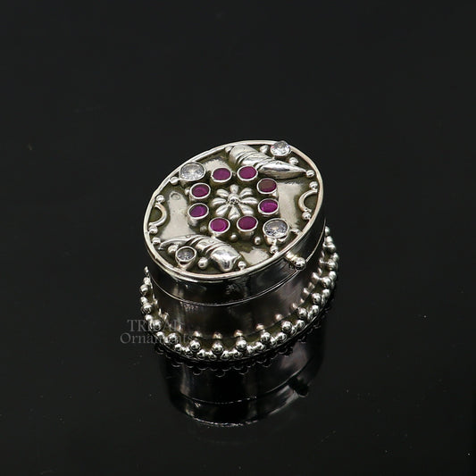 925 sterling silver handcrafted oval shape design stone work trinket box, kajal eyeliner box, Sindur box brides gift silver box stb759 - TRIBAL ORNAMENTS