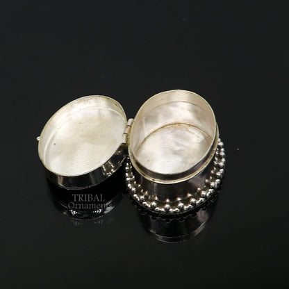 Handcrafted 925 sterling silver oval-shaped trinket box with stone work, ideal for jewelry, kajal, or sindur storage.