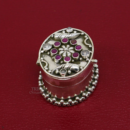 Handcrafted 925 sterling silver oval-shaped trinket box with stone work, perfect for jewelry, kajal, or sindur storage.