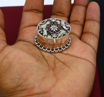 Handcrafted 925 sterling silver oval-shaped trinket box with stone work, ideal for jewelry, kajal, sindur, or brides gift.