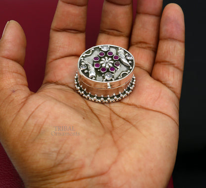 925 sterling silver handcrafted oval trinket box with stone work, ideal for jewelry, kajal, sindur, or bridal gift, by TRIBAL ORNAMENTS