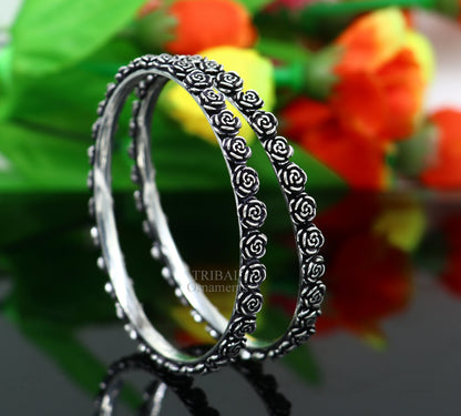 Sterling silver handcrafted rose flower design bangles bracelet, stylish tribal belly dance jewelry by TRIBAL ORNAMENTS.