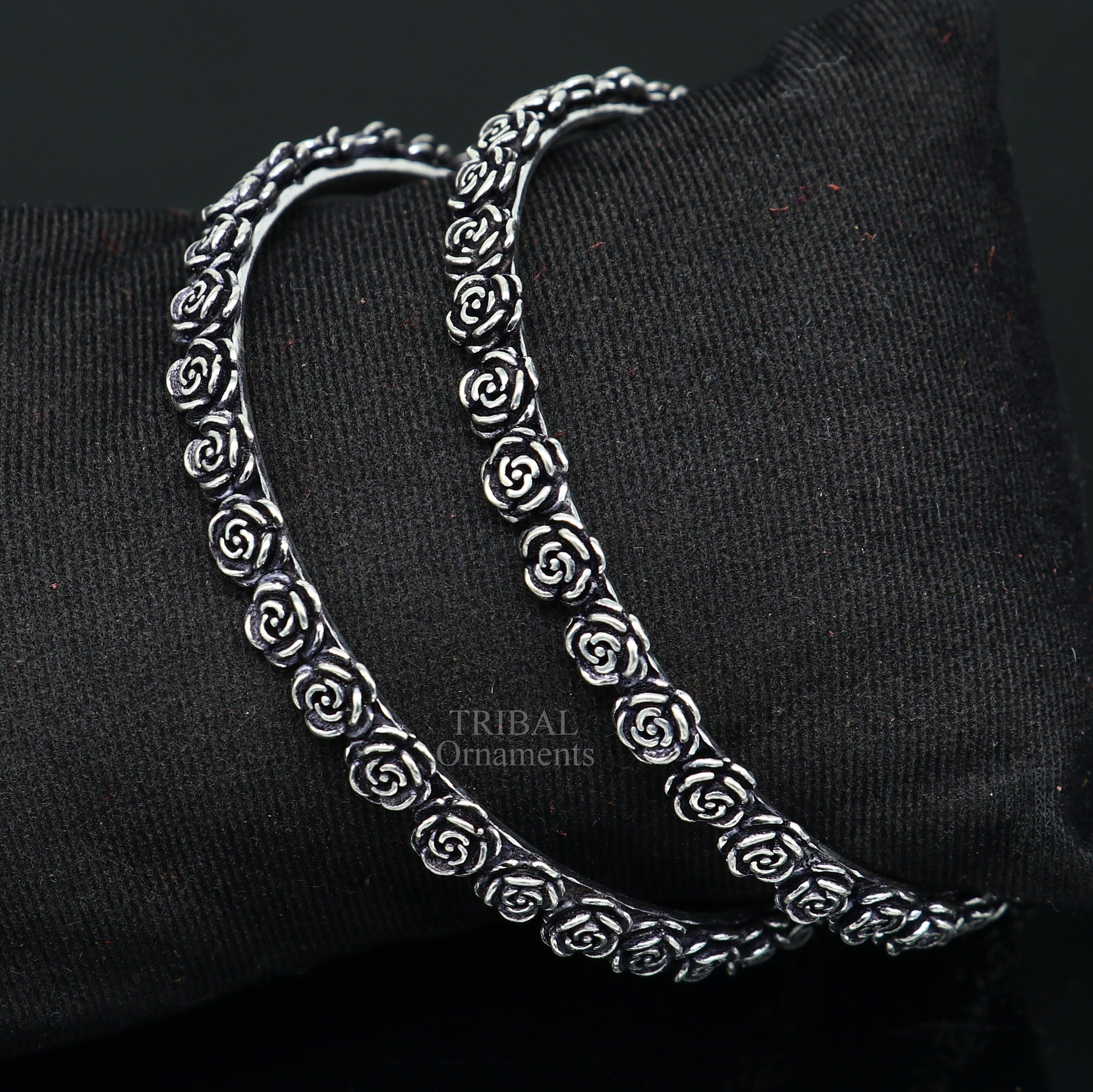 925 sterling silver handcrafted rose flower design bangles bracelet, fancy stylish gorgeous kangan tribal belly dance jewelry nba314 - TRIBAL ORNAMENTS