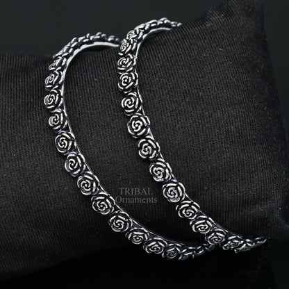 Sterling silver tribal bangles with handcrafted rose flower design, stylish belly dance jewelry by TRIBAL ORNAMENTS.