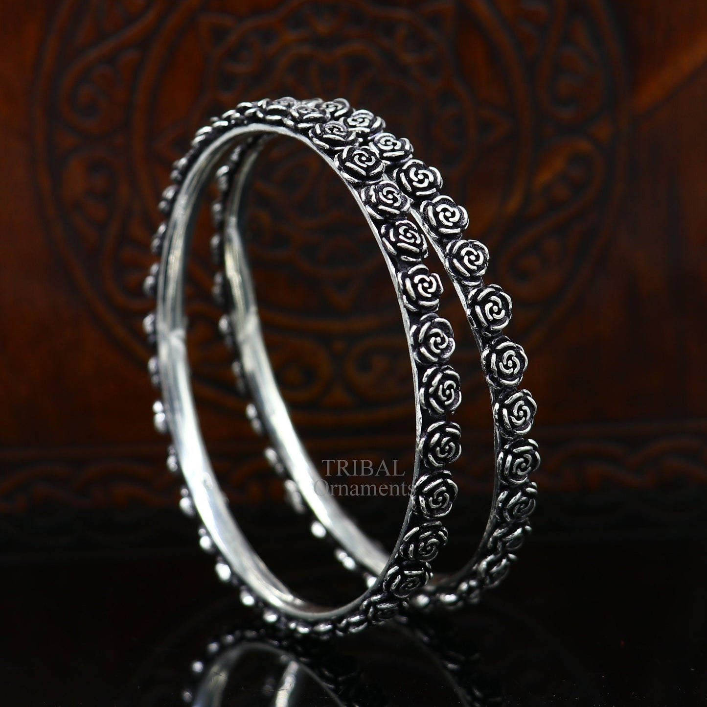 925 sterling silver handcrafted rose flower design bangles bracelet, fancy stylish gorgeous kangan tribal belly dance jewelry nba314 - TRIBAL ORNAMENTS