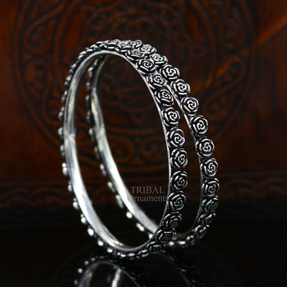 Sterling silver handcrafted rose flower design bangles bracelet by TRIBAL ORNAMENTS, featuring elegant tribal belly dance jewelry.