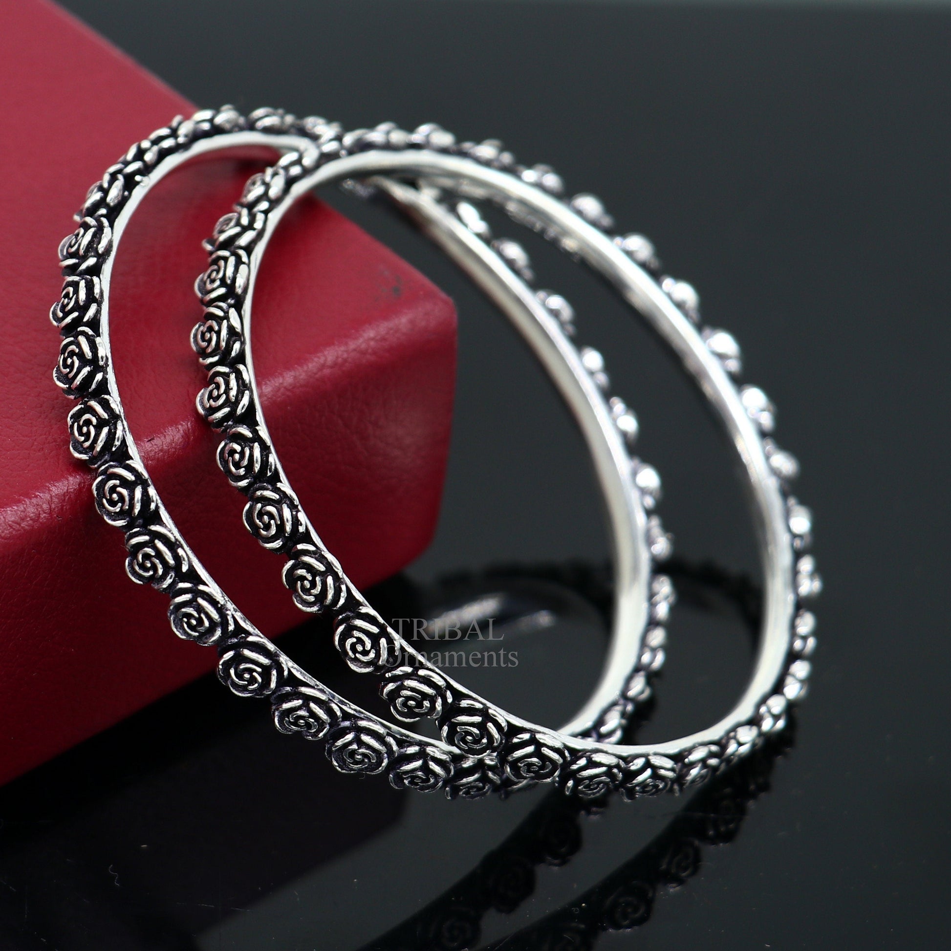 925 sterling silver handcrafted rose flower design bangles bracelet, fancy stylish gorgeous kangan tribal belly dance jewelry nba314 - TRIBAL ORNAMENTS
