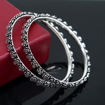 Sterling silver handcrafted rose flower design bangles bracelet, stylish tribal belly dance jewelry by TRIBAL ORNAMENTS.