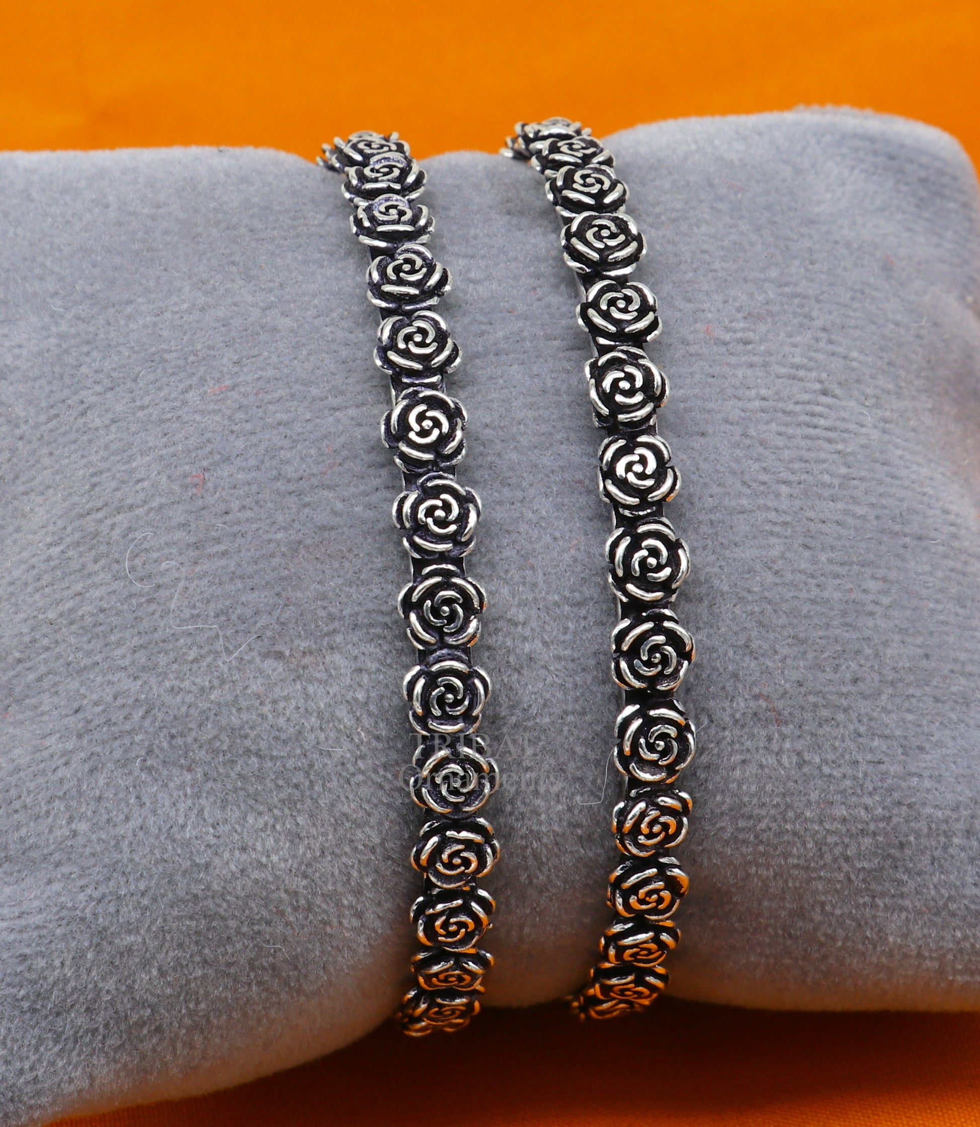 925 sterling silver handcrafted rose flower design bangles bracelet, fancy stylish gorgeous kangan tribal belly dance jewelry nba314 - TRIBAL ORNAMENTS