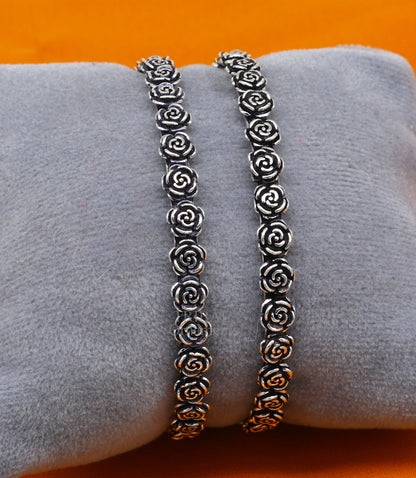 Sterling silver handcrafted rose flower design bangles bracelet, stylish tribal belly dance jewelry from TRIBAL ORNAMENTS.