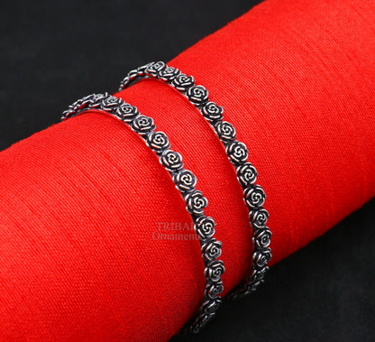Sterling silver tribal bangles with handcrafted rose flower design, stylish belly dance jewelry by TRIBAL ORNAMENTS.