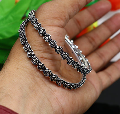 Handcrafted 925 sterling silver rose flower design bangles bracelet, stylish tribal belly dance jewelry by TRIBAL ORNAMENTS.