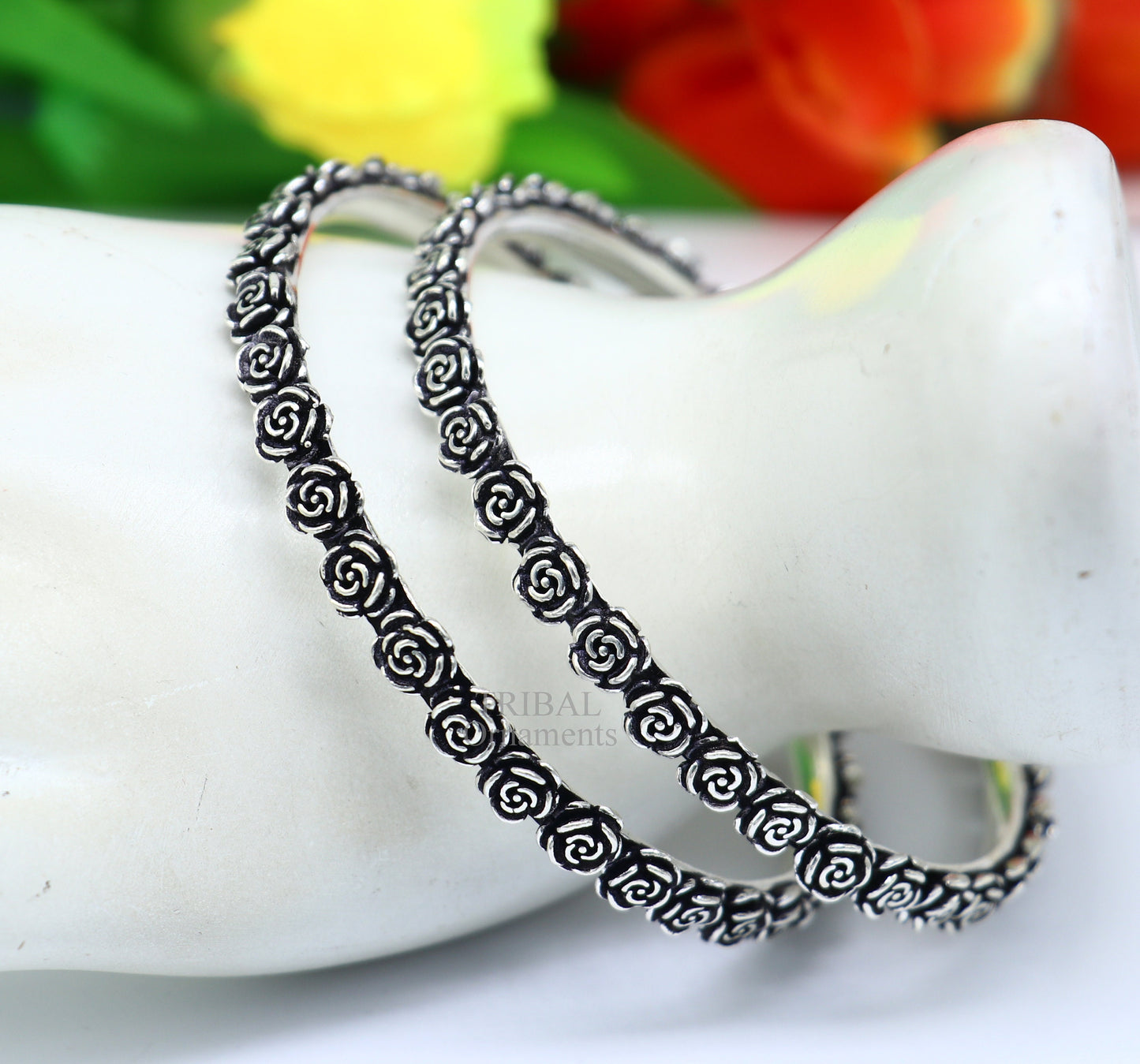 925 sterling silver handcrafted rose flower design bangles bracelet, fancy stylish gorgeous kangan tribal belly dance jewelry nba314 - TRIBAL ORNAMENTS