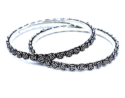 Sterling silver handcrafted rose flower design bangles bracelet with intricate tribal belly dance jewelry style.