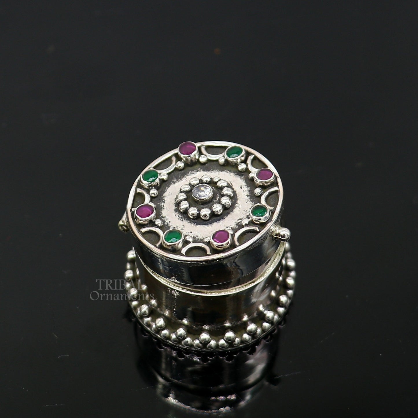 925 sterling silver handcrafted round shape design red stone work trinket box, kajal eyeliner box, Sindur box brides gift silver box stb761 - TRIBAL ORNAMENTS