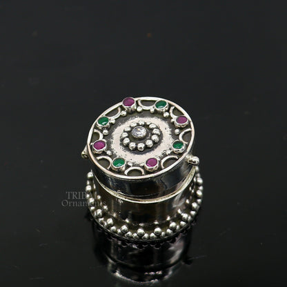 Handcrafted 925 sterling silver round trinket box with red stone accents, ideal for jewelry, kajal, or sindur storage.