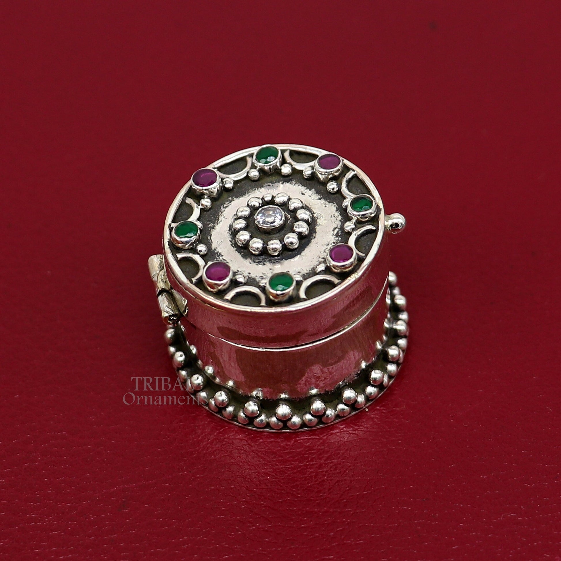 925 sterling silver handcrafted round shape design red stone work trinket box, kajal eyeliner box, Sindur box brides gift silver box stb761 - TRIBAL ORNAMENTS