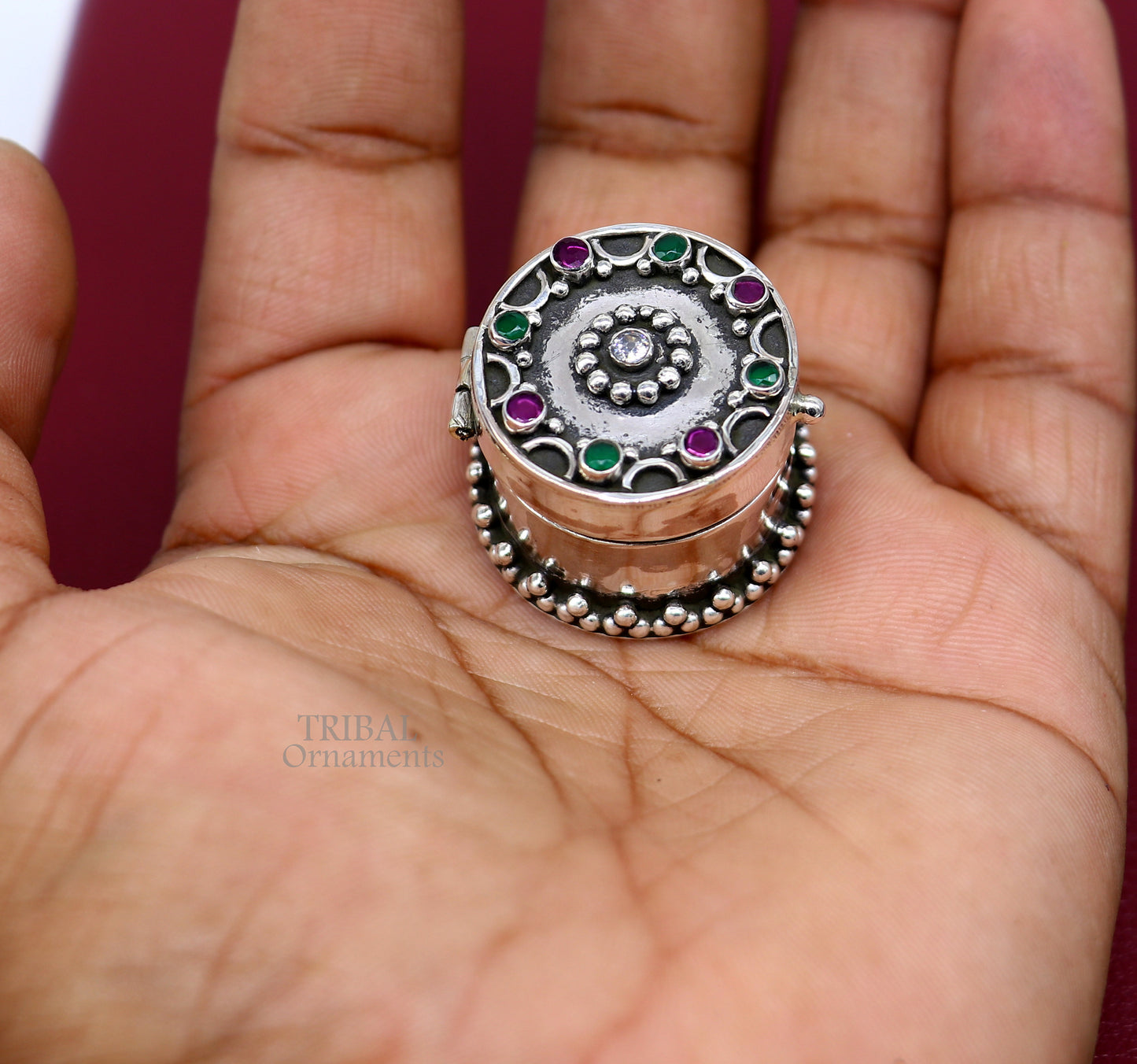 925 sterling silver handcrafted round shape design red stone work trinket box, kajal eyeliner box, Sindur box brides gift silver box stb761 - TRIBAL ORNAMENTS