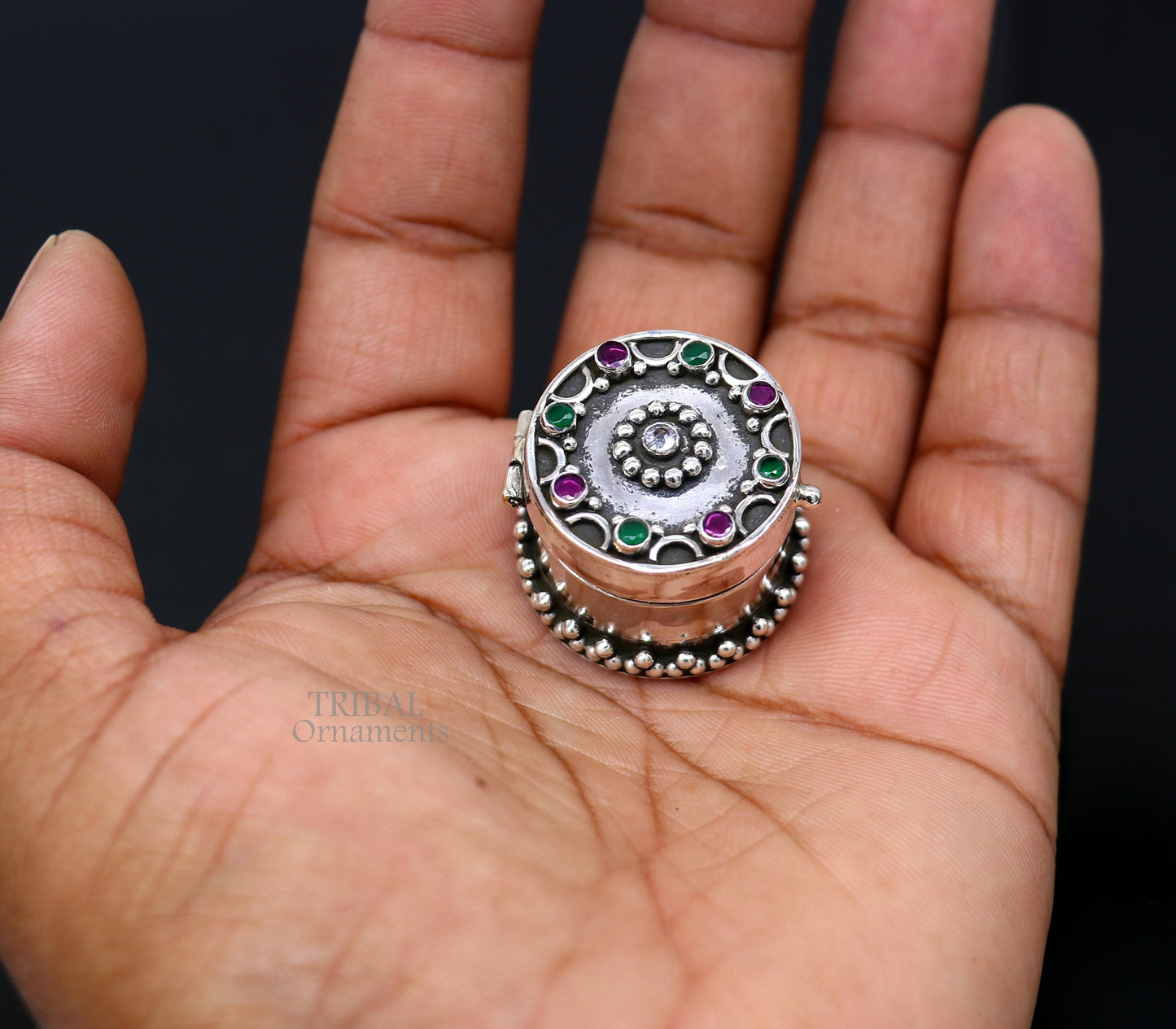 925 sterling silver handcrafted round shape design red stone work trinket box, kajal eyeliner box, Sindur box brides gift silver box stb761 - TRIBAL ORNAMENTS