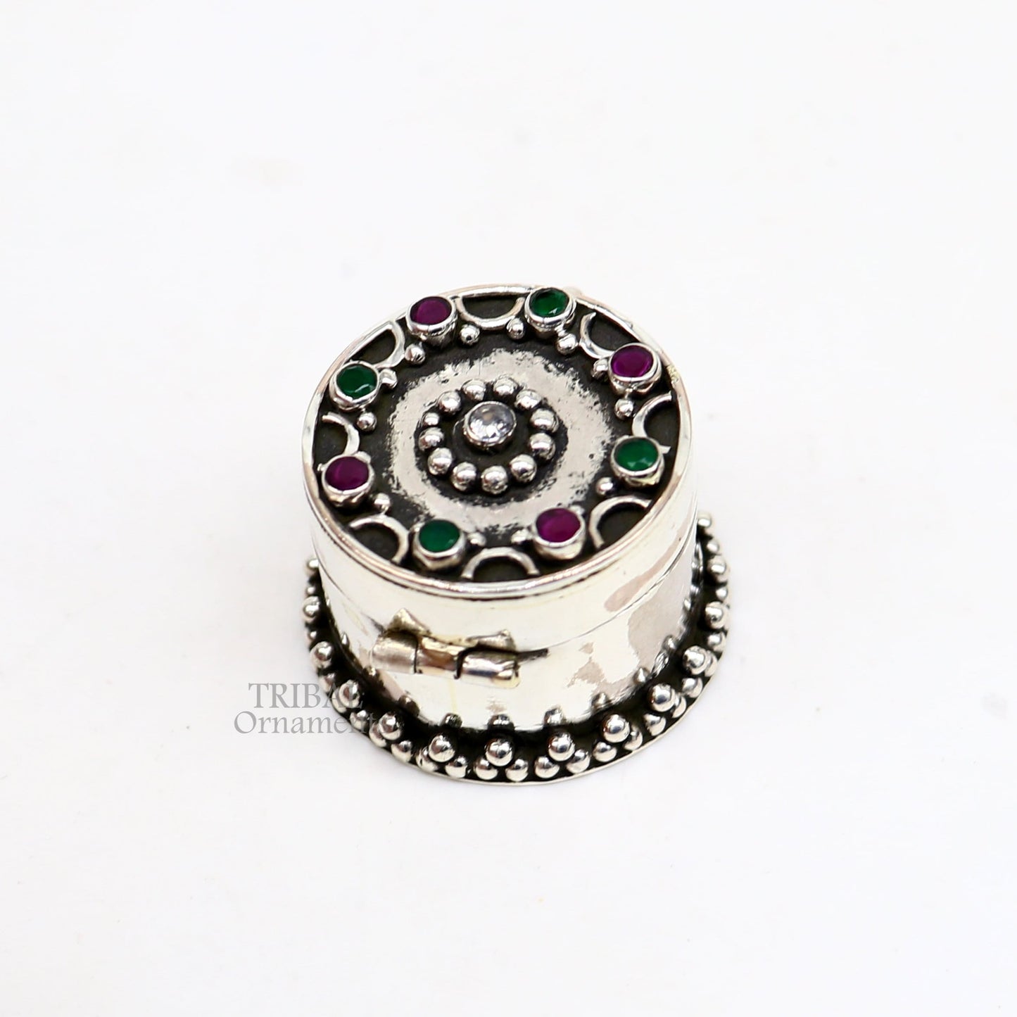 925 sterling silver handcrafted round shape design red stone work trinket box, kajal eyeliner box, Sindur box brides gift silver box stb761 - TRIBAL ORNAMENTS