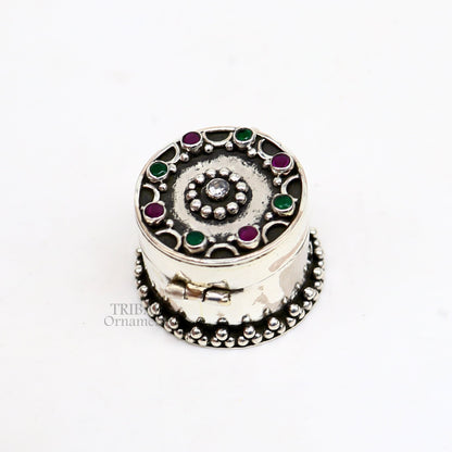 Handcrafted 925 sterling silver round trinket box with red stone accents, ideal for jewelry, kajal, or sindur storage.
