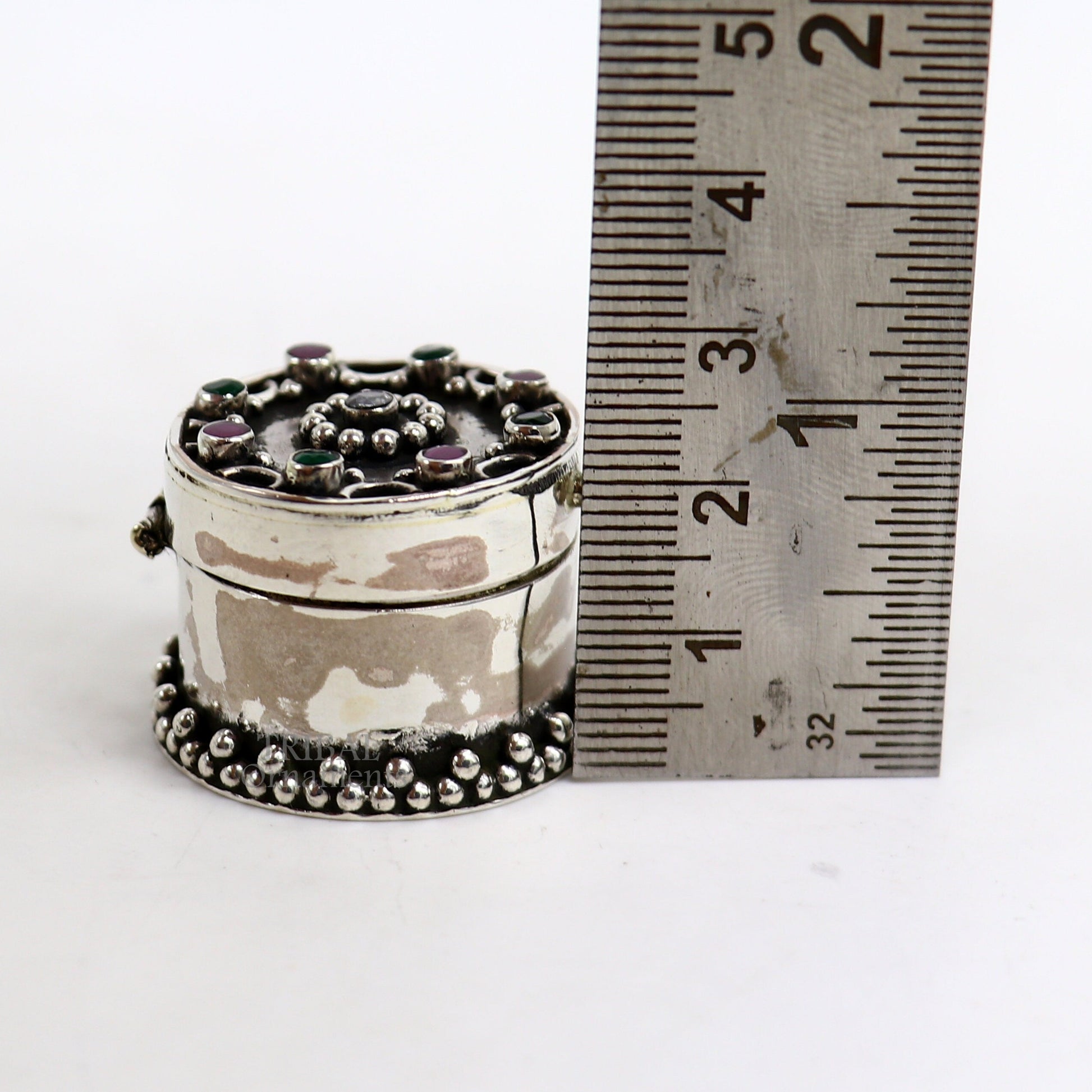 925 sterling silver handcrafted round shape design red stone work trinket box, kajal eyeliner box, Sindur box brides gift silver box stb761 - TRIBAL ORNAMENTS