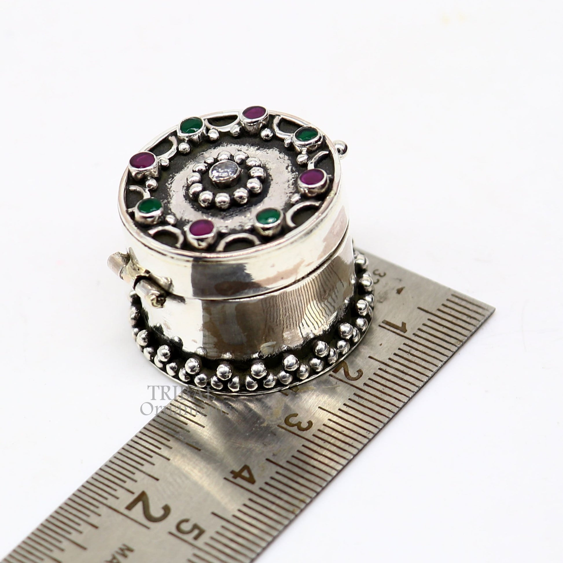 925 sterling silver handcrafted round shape design red stone work trinket box, kajal eyeliner box, Sindur box brides gift silver box stb761 - TRIBAL ORNAMENTS