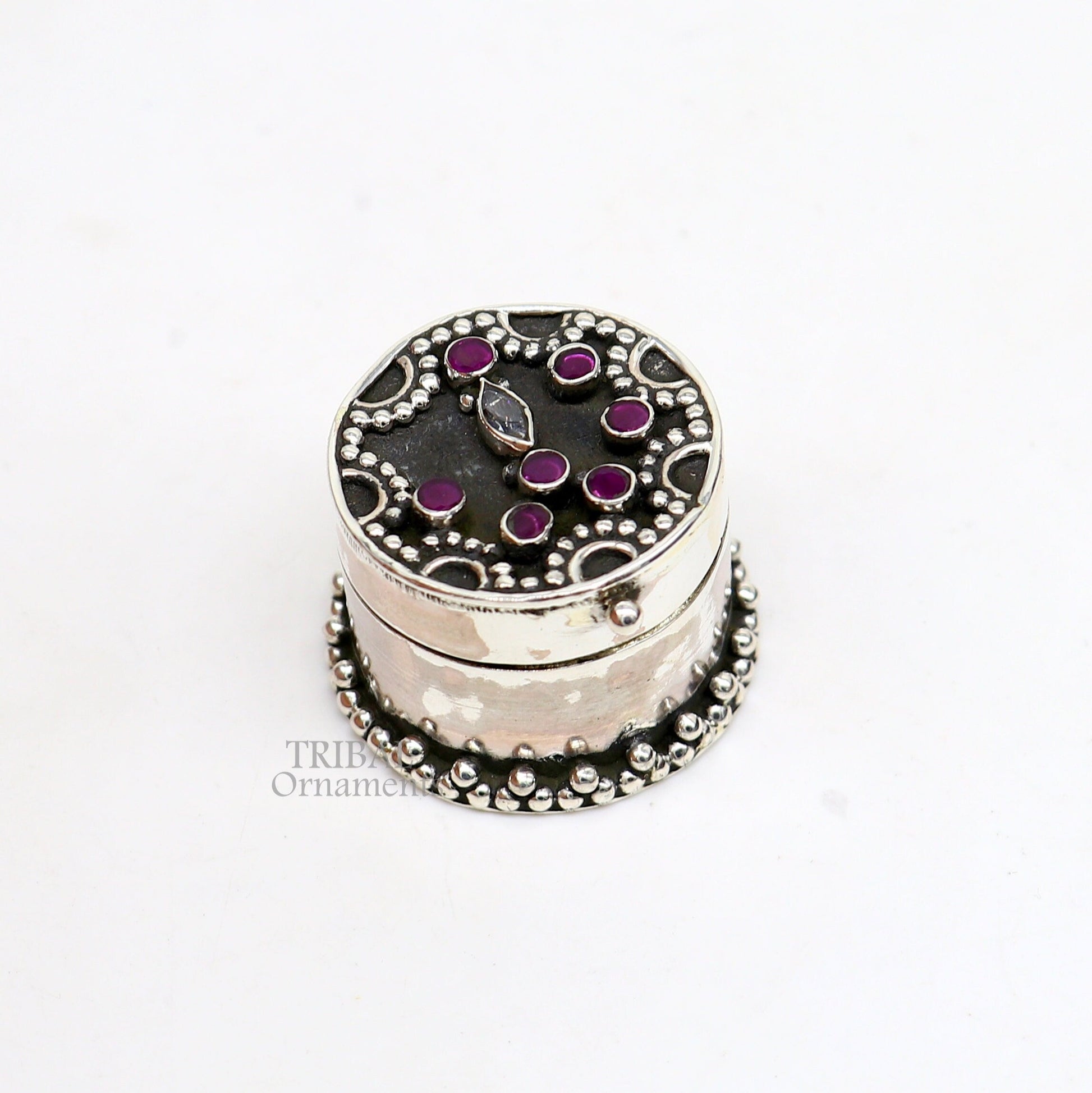 925 sterling silver handcrafted round shape design red stone work trinket box, kajal eyeliner box, Sindur box brides gift silver box stb762 - TRIBAL ORNAMENTS